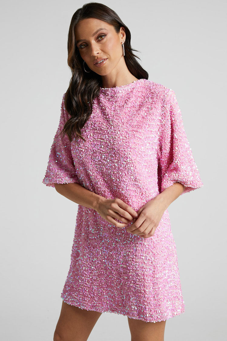 Sequin Velvet Crew Neck Short Sleeve Oversized Mini Dress