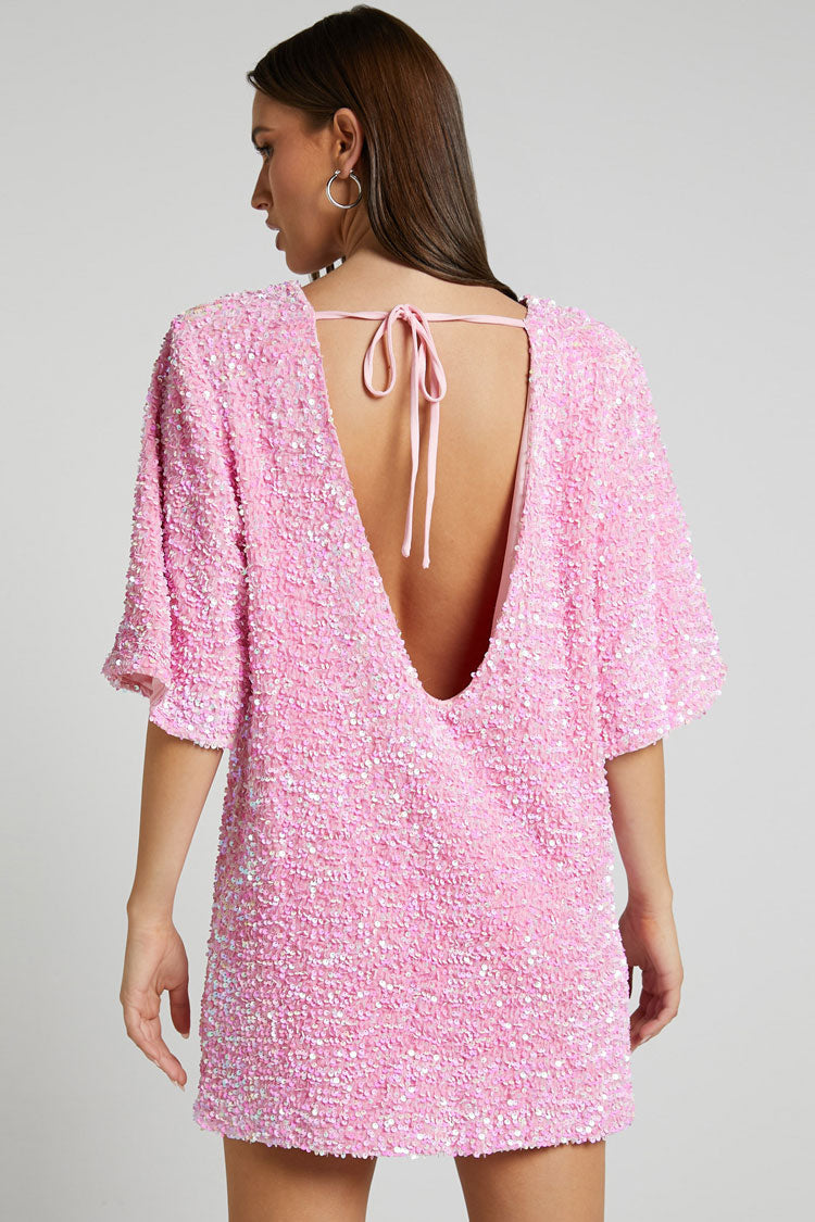 Sequin Velvet Crew Neck Short Sleeve Oversized Mini Dress