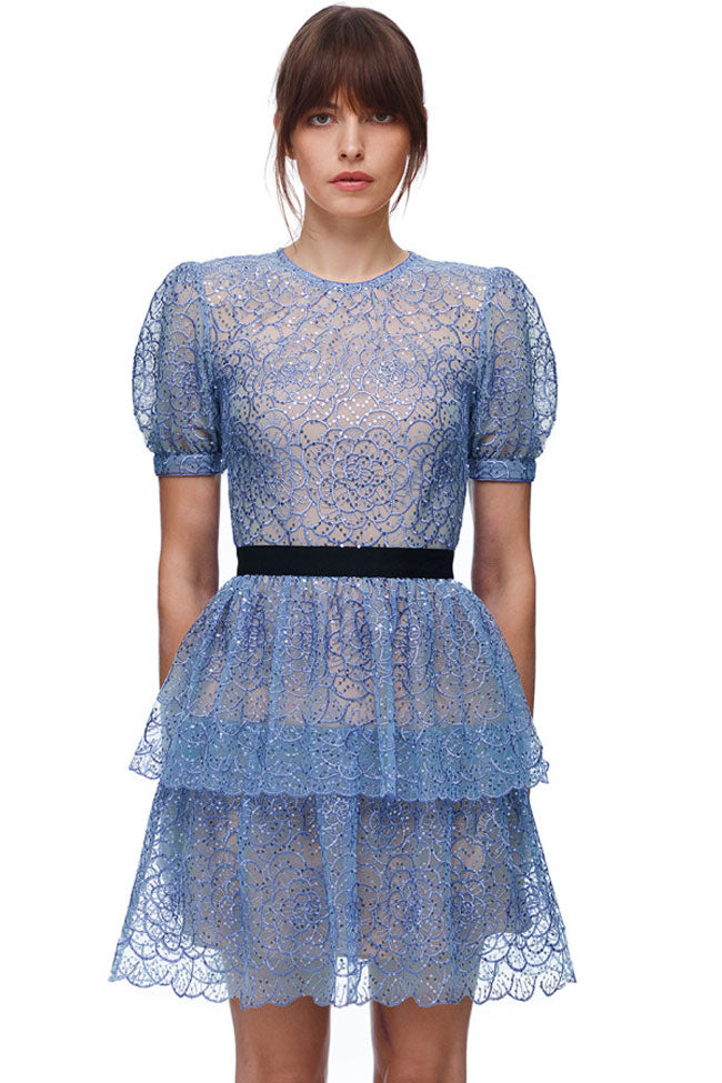 Floral Lace Puff Sleeve Tiered Ruffle Mini Dress