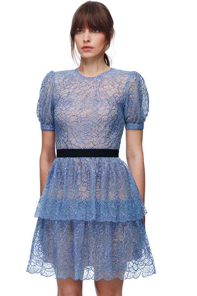 Floral Lace Puff Sleeve Tiered Ruffle Mini Dress