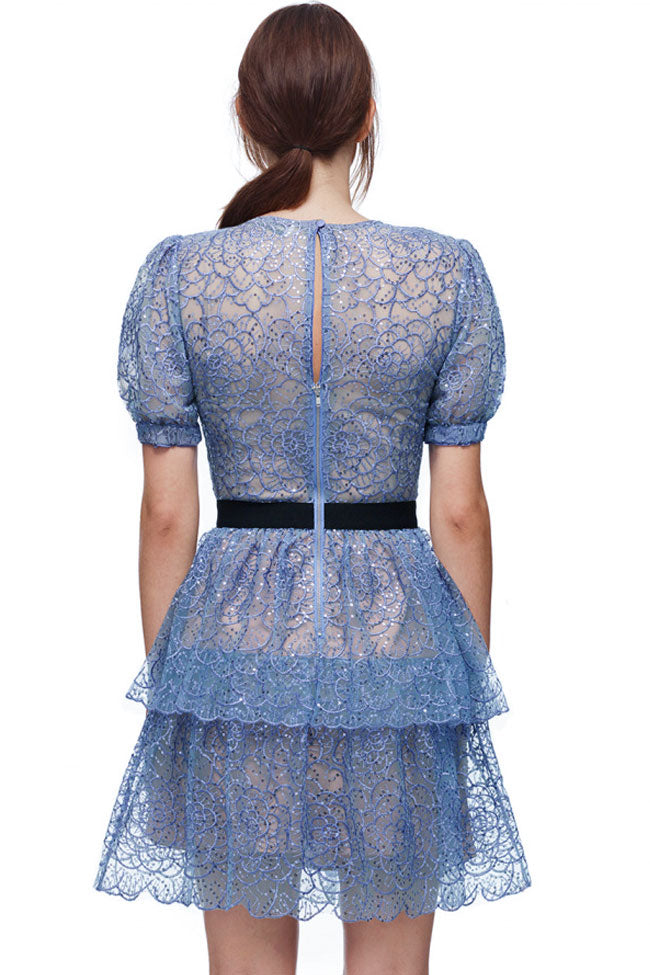 Floral Lace Puff Sleeve Tiered Ruffle Mini Dress