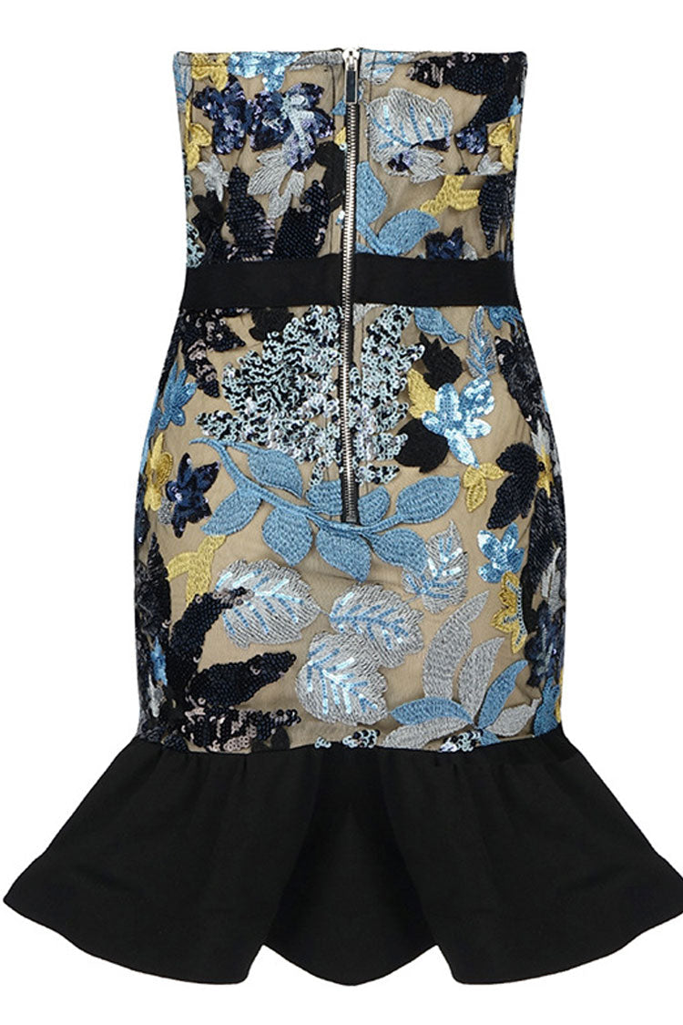 Floral Sequin Strapless Corset Ruffle Hem Bodycon Mini Dress