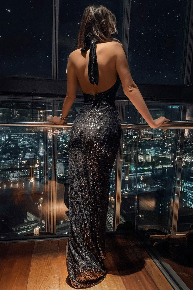 Sequin Halter Neck Backless High Split Maxi Gown