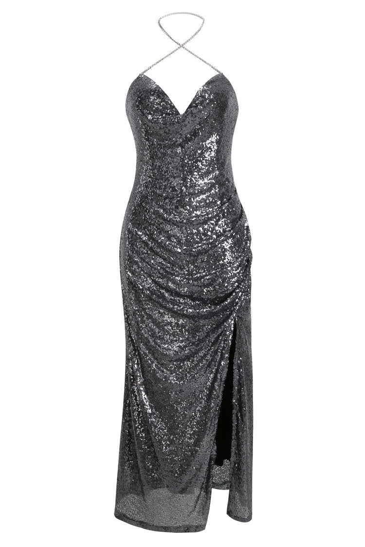 Sequin V-Neck Spaghetti Strap Backless Ruched High Split Bodycon Maxi Dress