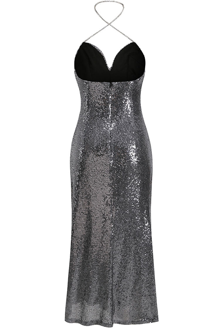 Sequin V-Neck Spaghetti Strap Backless Ruched High Split Bodycon Maxi Dress
