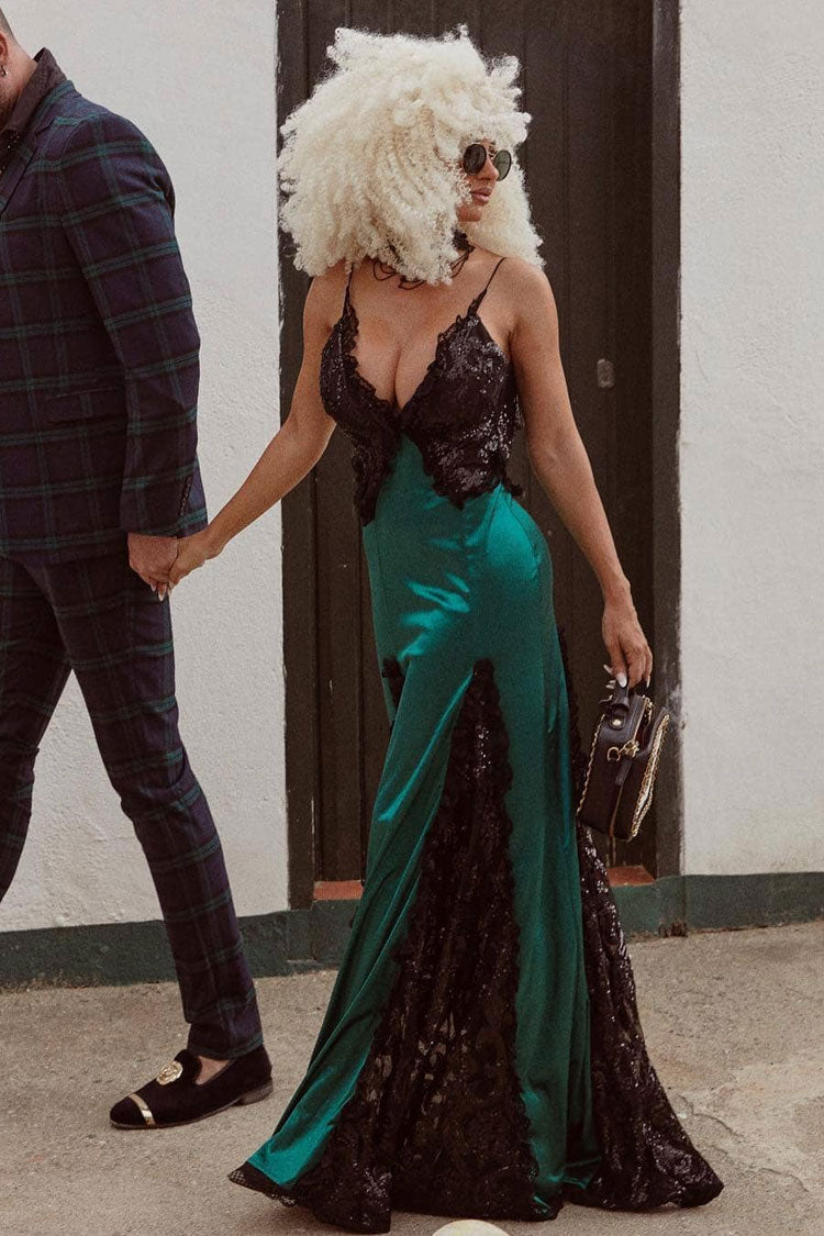 Sequin Lace Trim Deep V-Neck Spaghetti Strap High Split Maxi Dress