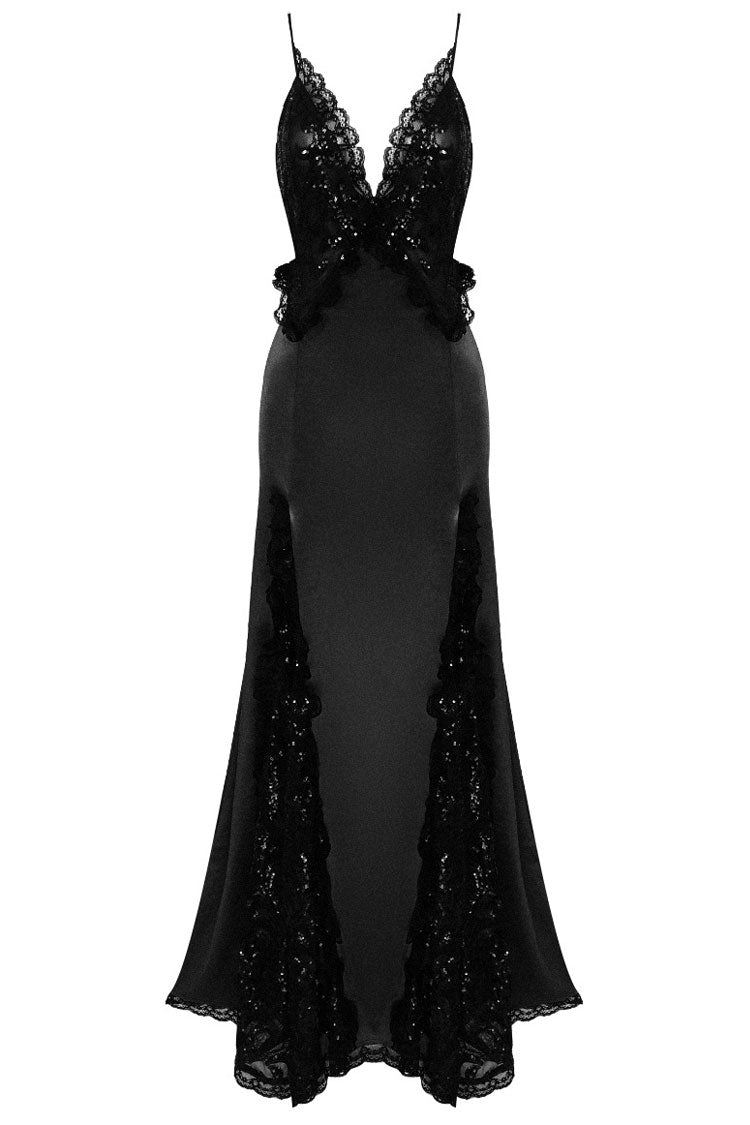 Sequin Deep V-Neck Lace Trim High Split Satin Maxi Dress