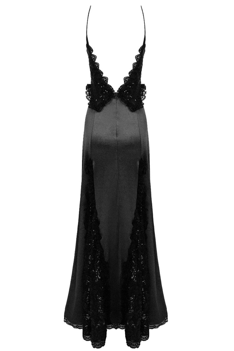 Sequin Deep V-Neck Lace Trim High Split Satin Maxi Dress