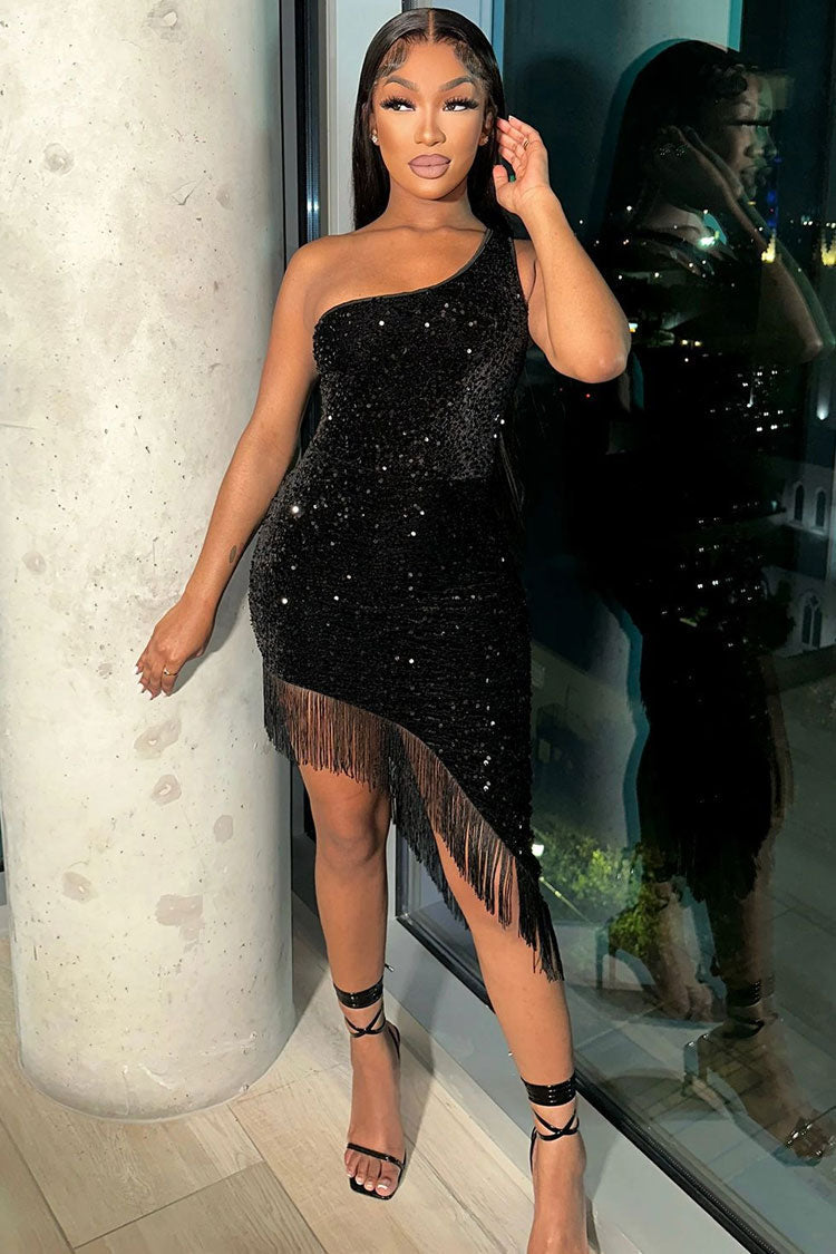 Sequin One Shoulder Fringe Bodycon Mini Dress