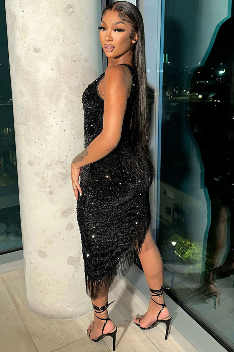 Sequin One Shoulder Fringe Bodycon Mini Dress
