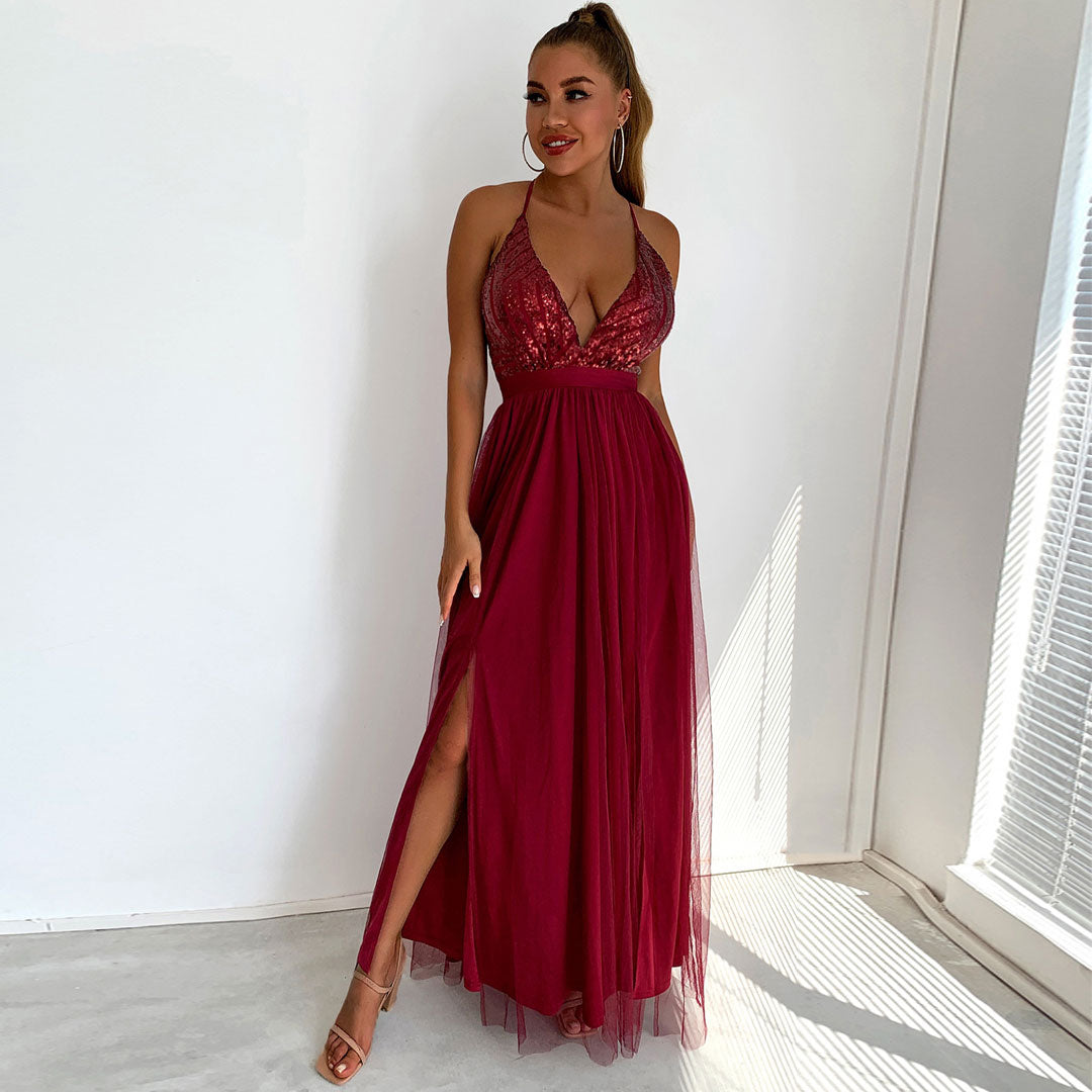 Sequin Deep V-Neck Backless Tulle High Split Maxi Dress