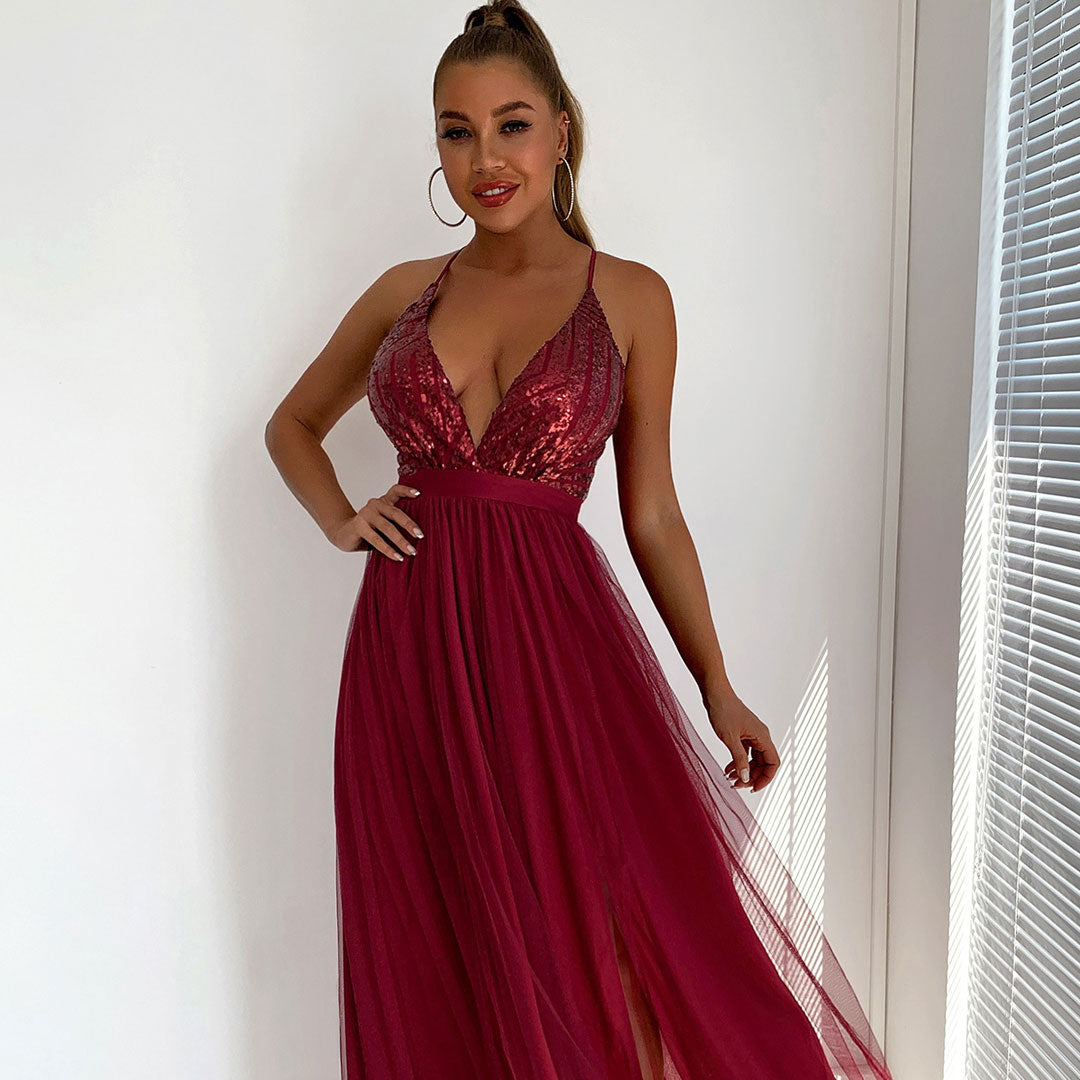 Sequin Deep V-Neck Backless Tulle High Split Maxi Dress