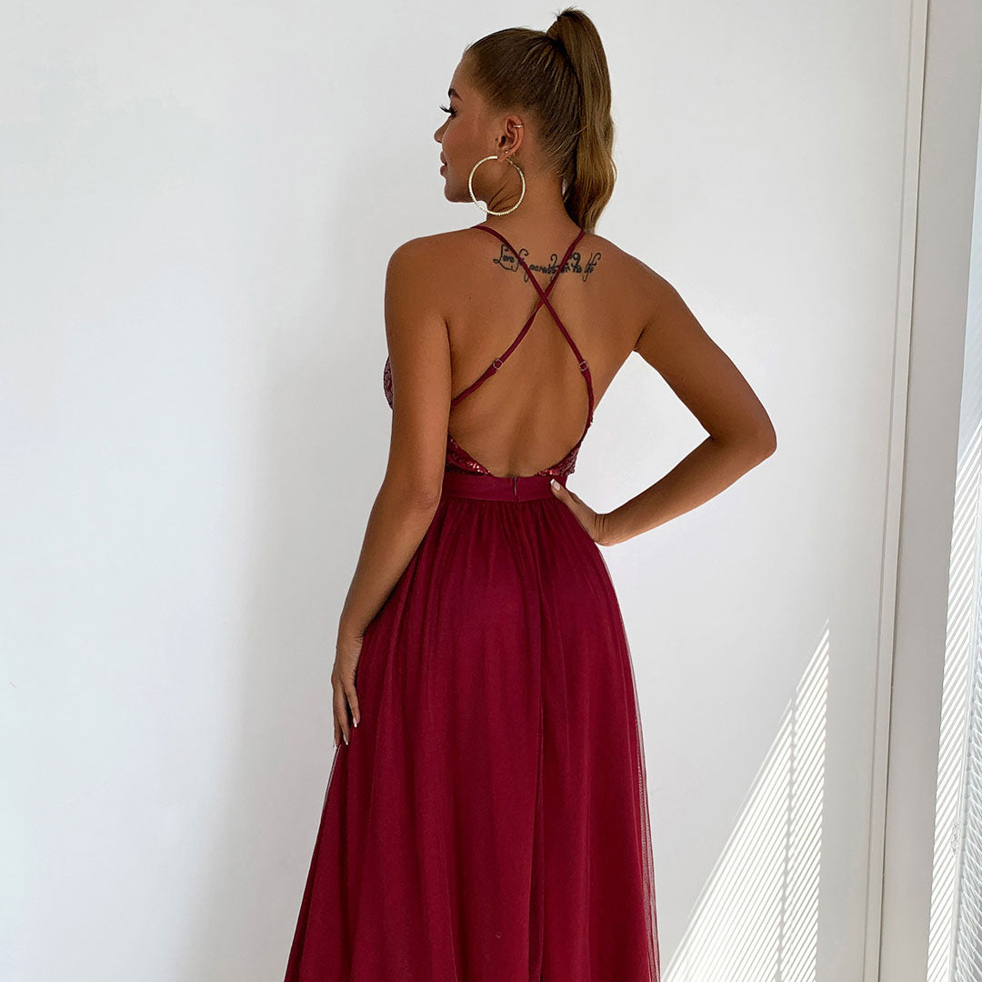 Sequin Deep V-Neck Backless Tulle High Split Maxi Dress