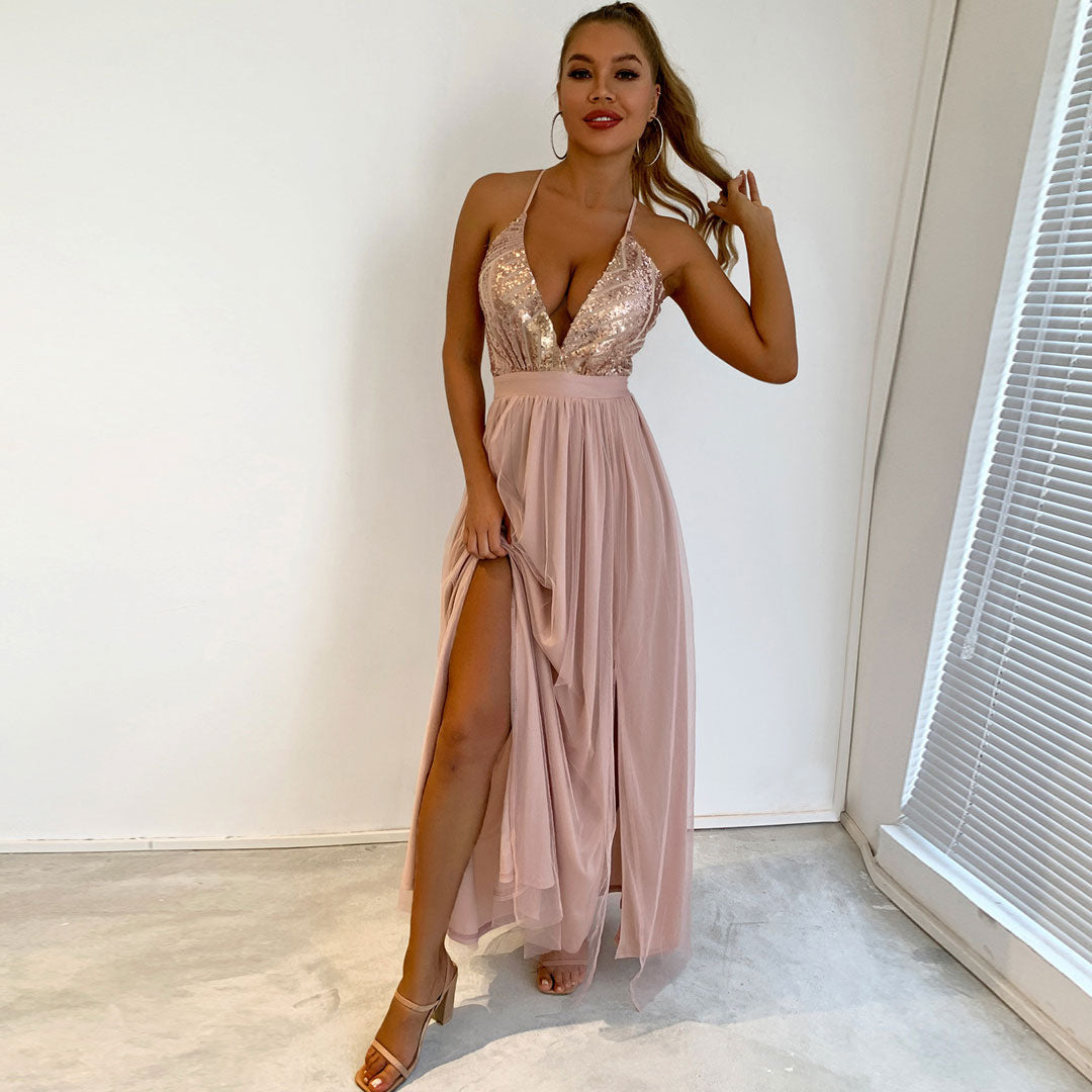 Sequin Deep V-Neck Backless Tulle High Split Maxi Dress