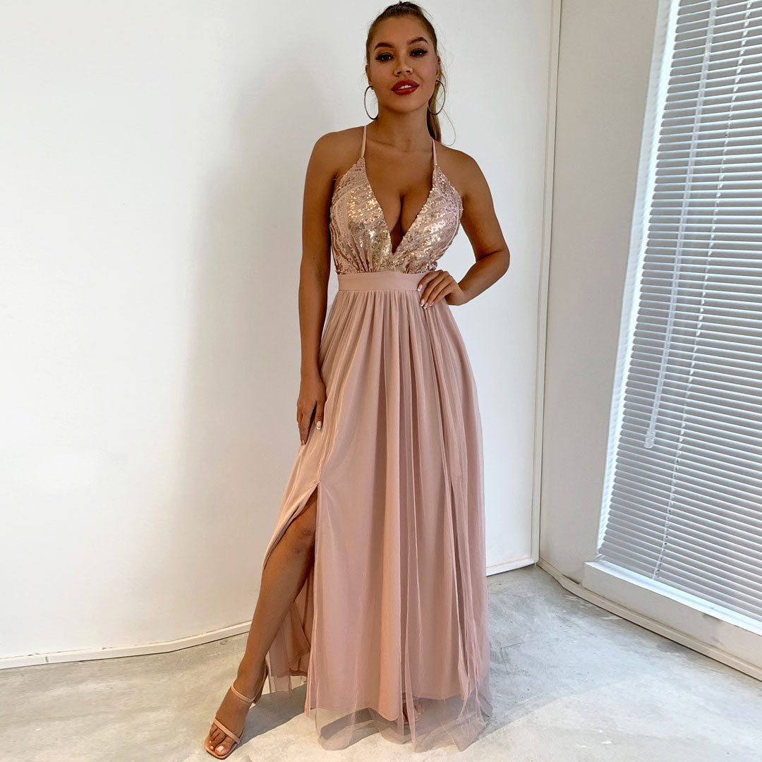 Sequin Deep V-Neck Backless Tulle High Split Maxi Dress