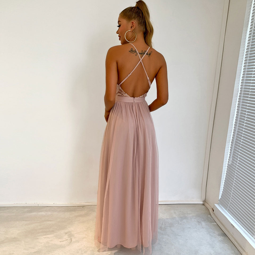 Sequin Deep V-Neck Backless Tulle High Split Maxi Dress