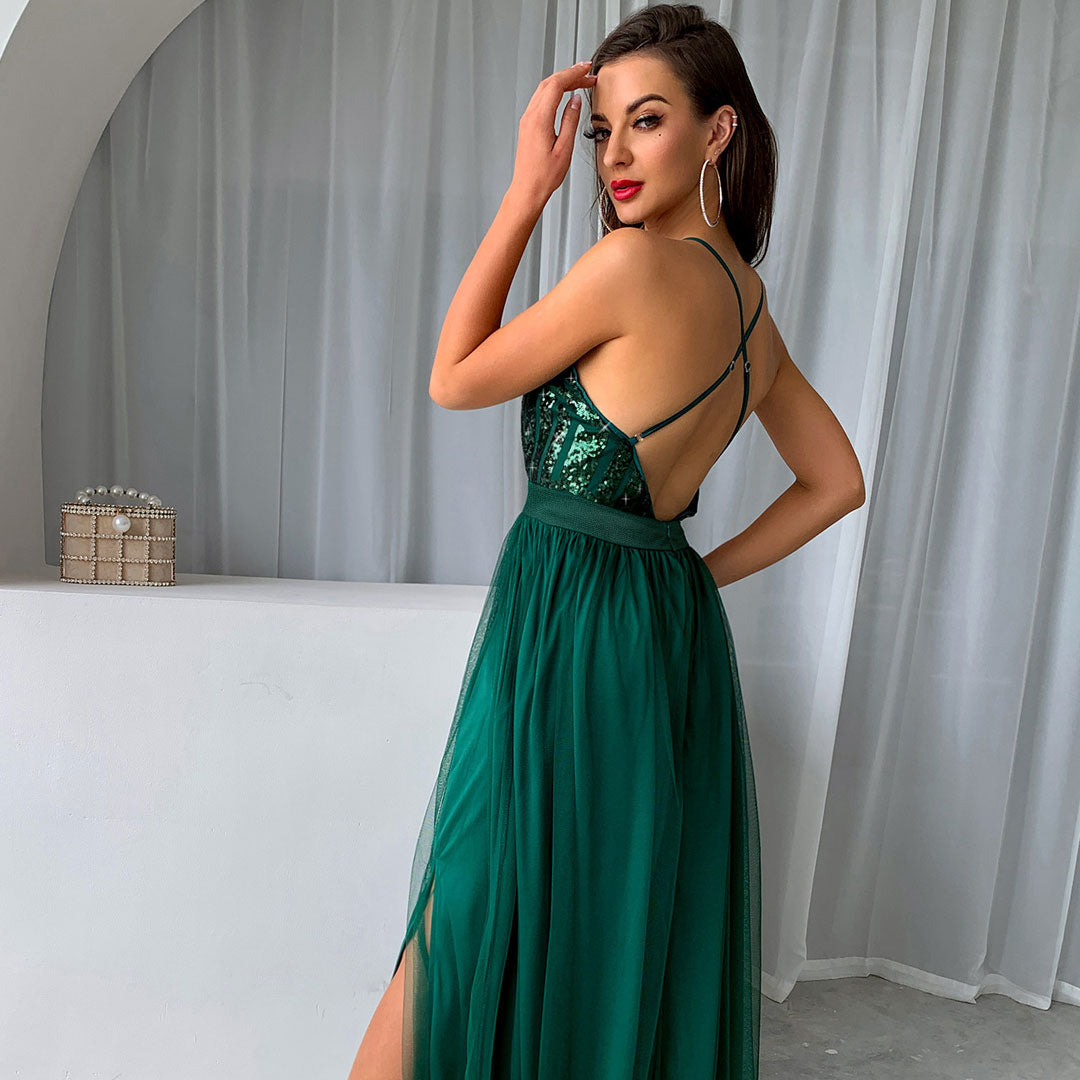 Sequin Deep V-Neck Backless Tulle High Split Maxi Dress