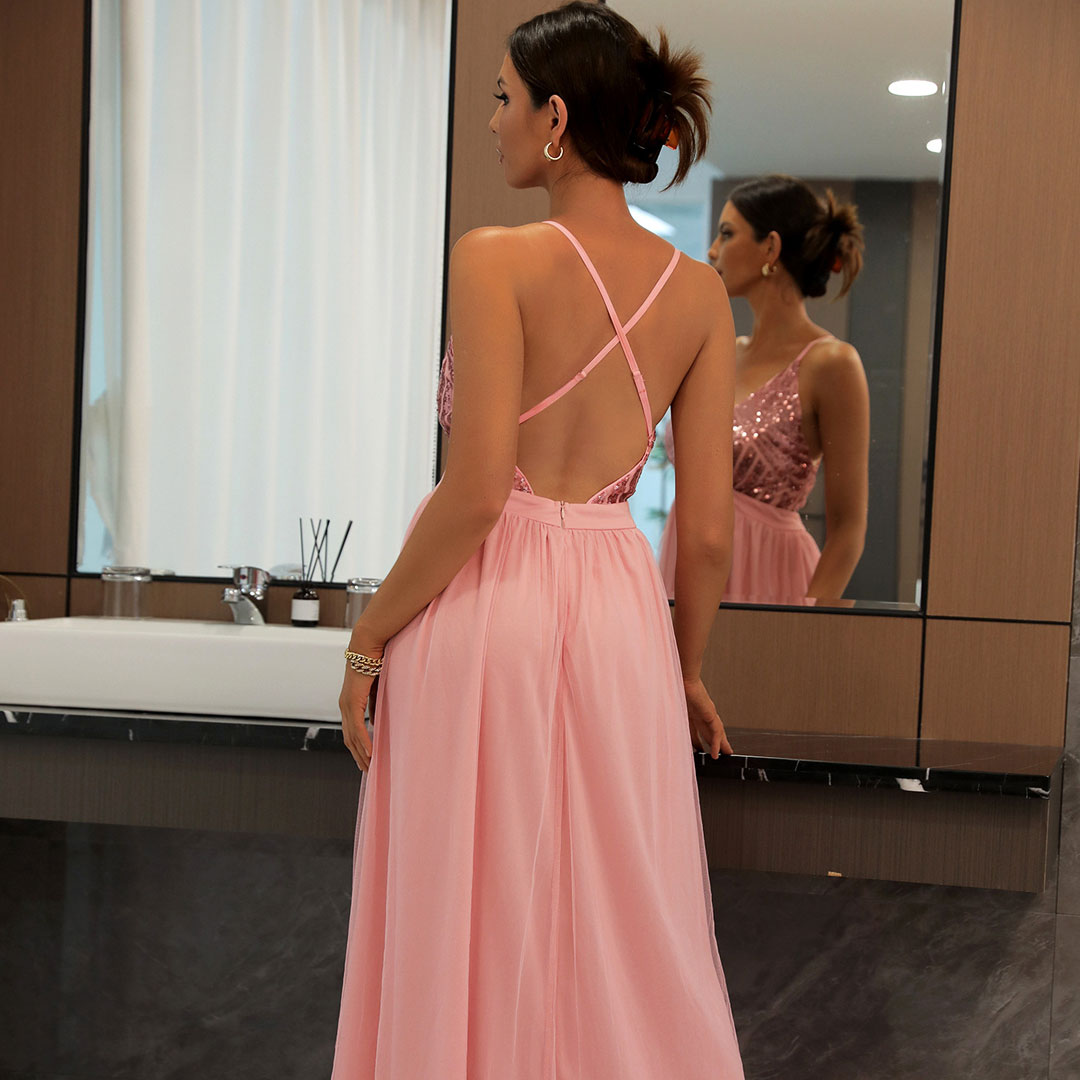 Sequin Deep V-Neck Backless Tulle High Split Maxi Dress