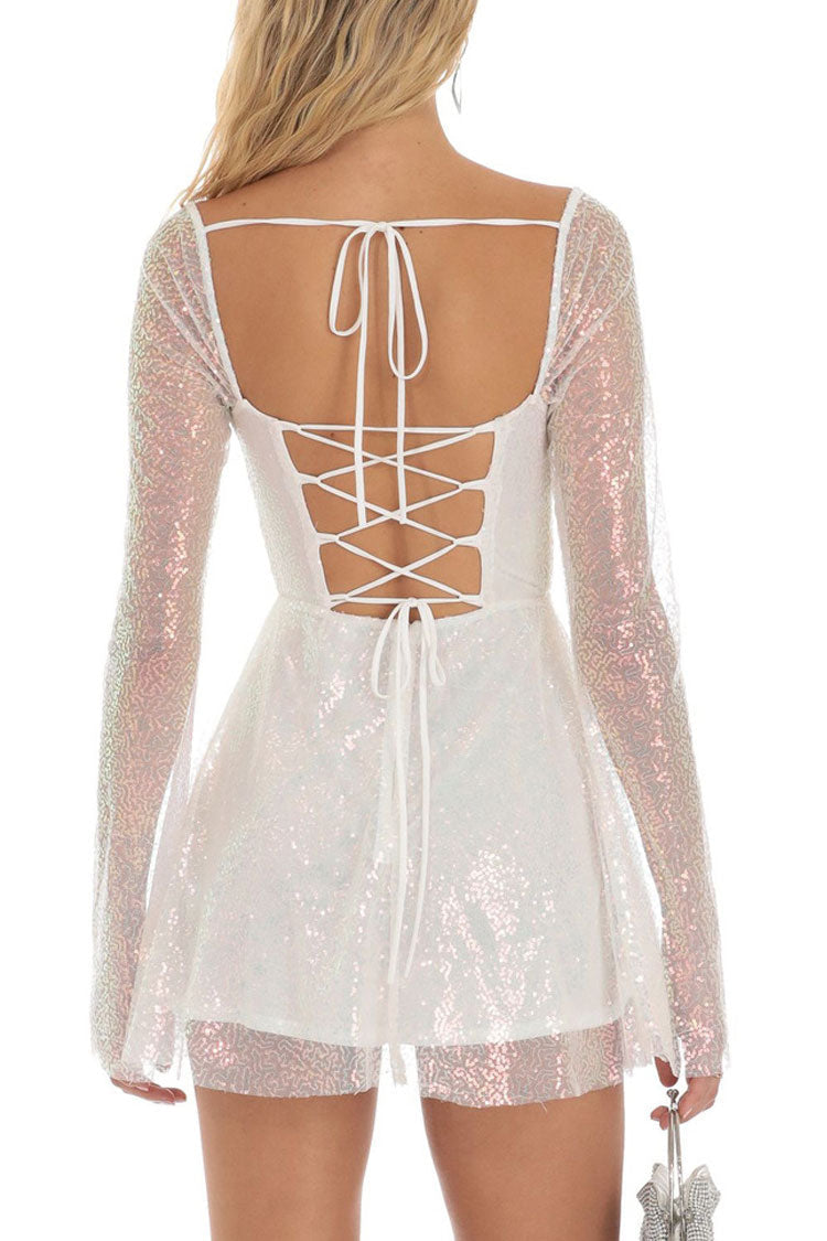 Square Neck Long Sleeve Sequin Tulle Fit and Flare Mini Dress