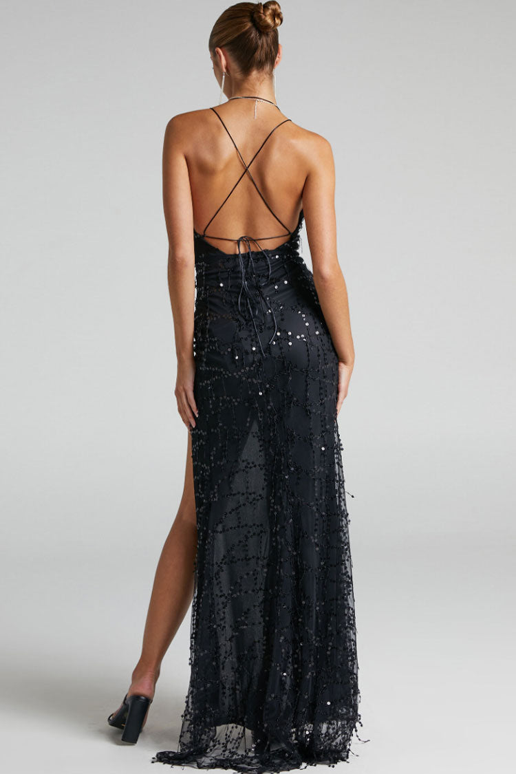 Sequin Deep V-Neck Backless High Split Maxi Dress