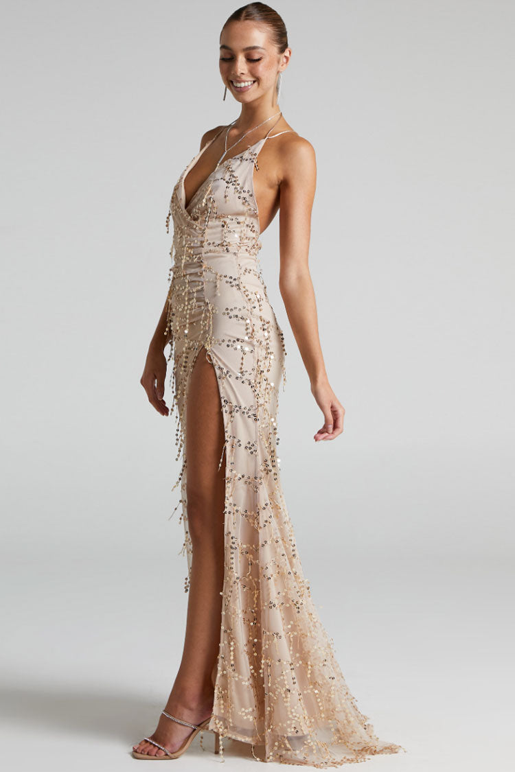 Sequin Deep V-Neck Backless High Split Maxi Dress
