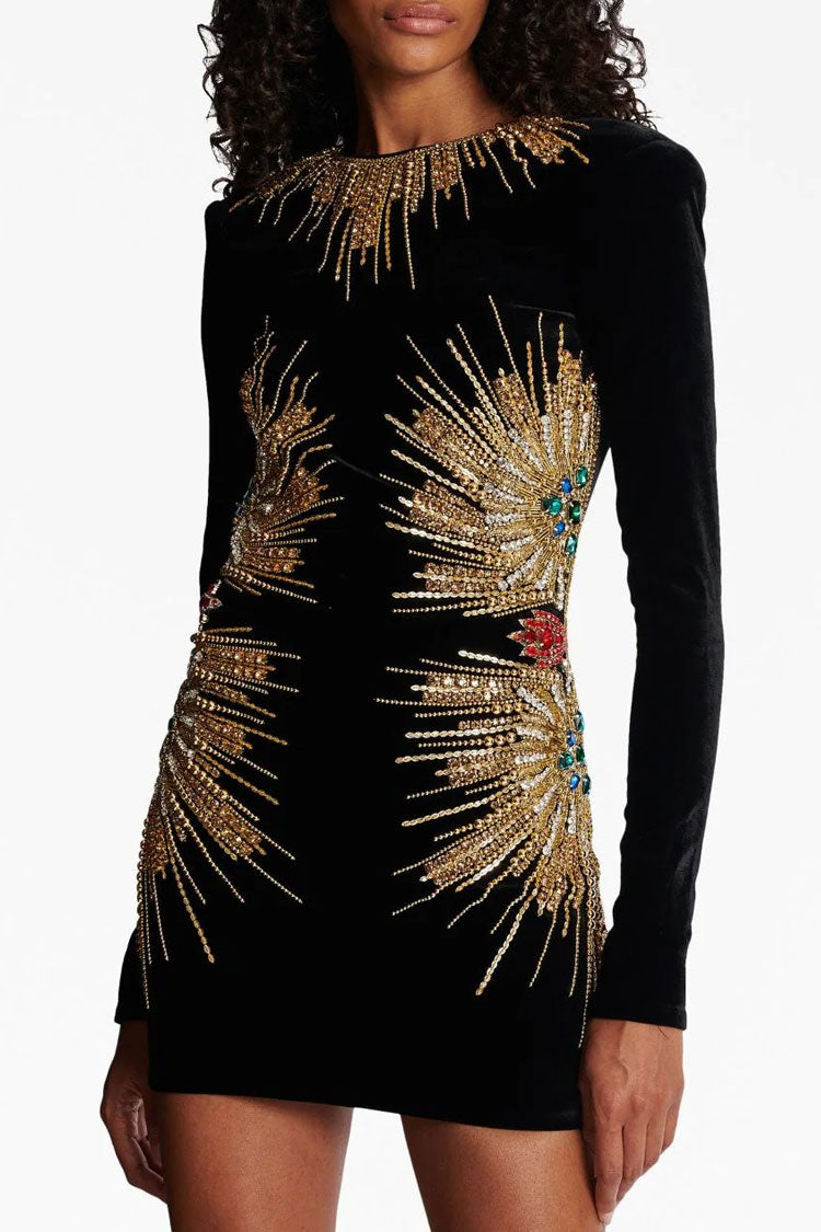 Velvet Crew Neck Long Sleeve Rhinestone Bodycon Mini Dress