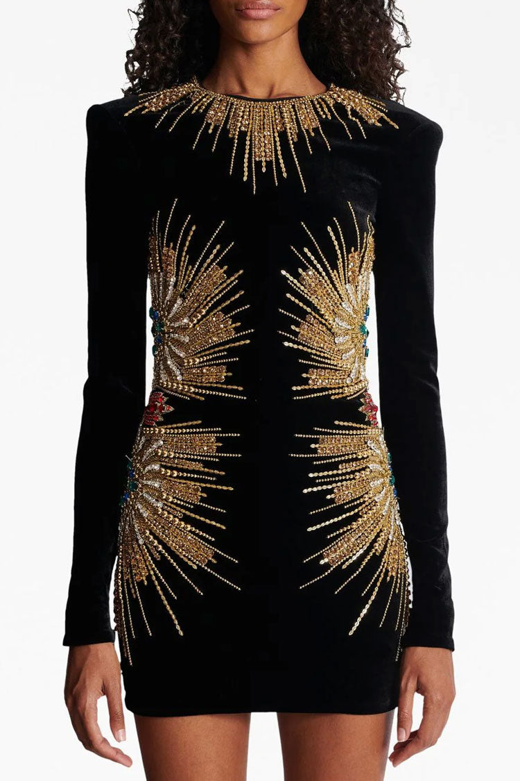 Velvet Crew Neck Long Sleeve Rhinestone Bodycon Mini Dress