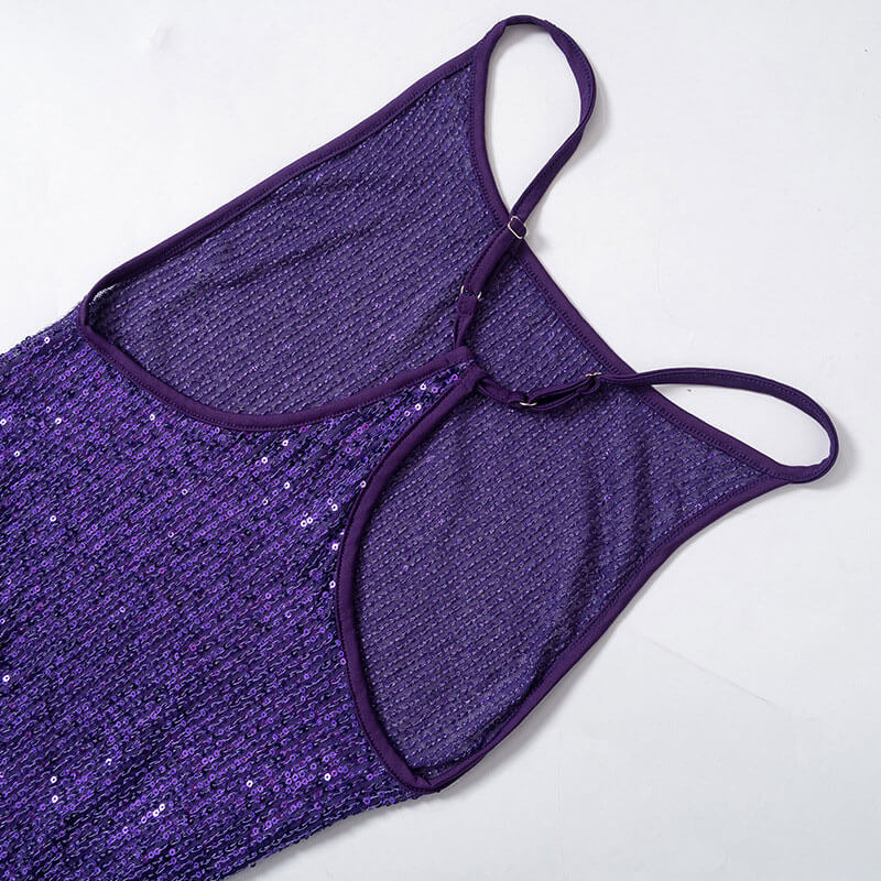 Sequin Scoop Neck Side Split Open Back Maxi Dress - Purple