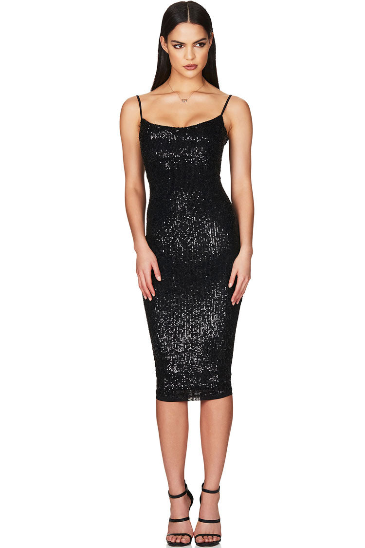 Sequin Scoop Neck Spaghetti Strap Bodycon Midi Dress