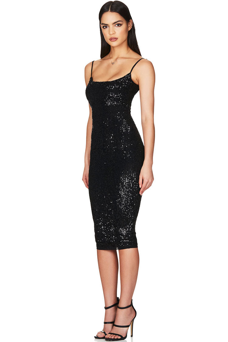 Sequin Scoop Neck Spaghetti Strap Bodycon Midi Dress