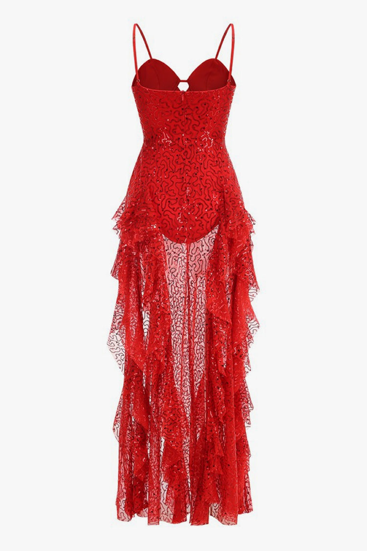 Sparkly Sequin Sleeveless Bustier Bodysuit Split Ruffle Evening Maxi Dress