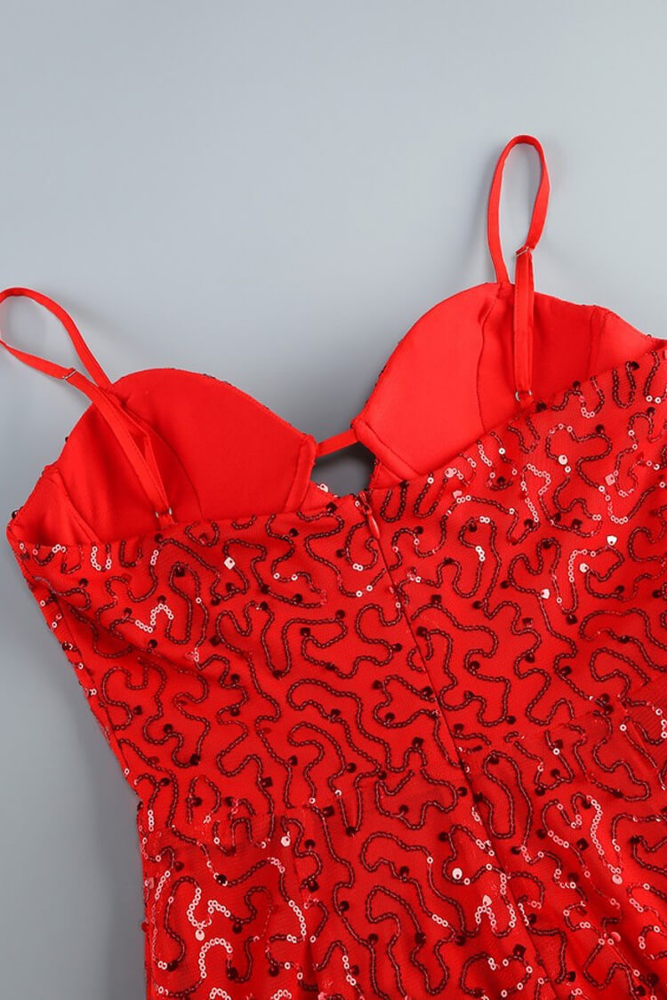 Sparkly Sequin Sleeveless Bustier Bodysuit Split Ruffle Evening Maxi Dress