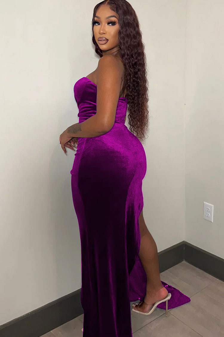 Velvet Sweetheart Strapless Draped High Split Sequin Maxi Dress