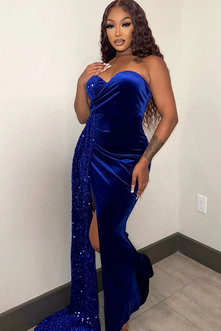 Velvet Strapless Sequin Draped High Split Mermaid Maxi Dress