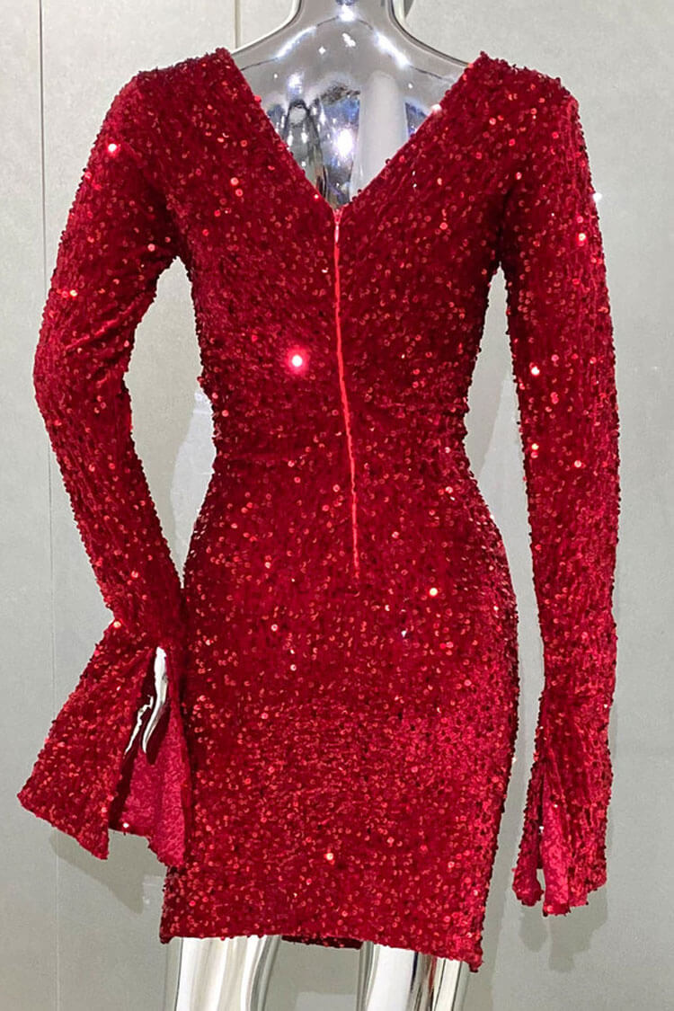 Sequin High Neck Long Sleeve Twist Cut Out Ruched Bodycon Mini Party Dress