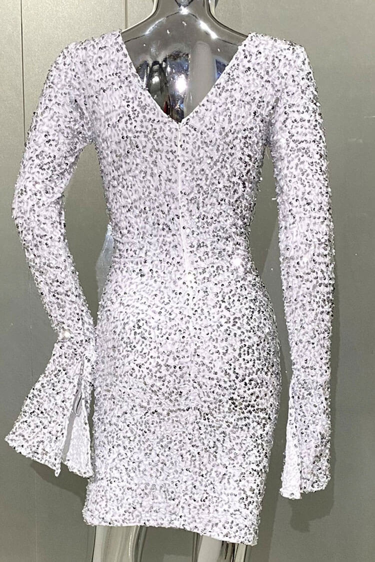 Sequin High Neck Long Sleeve Twist Cut Out Ruched Bodycon Mini Party Dress