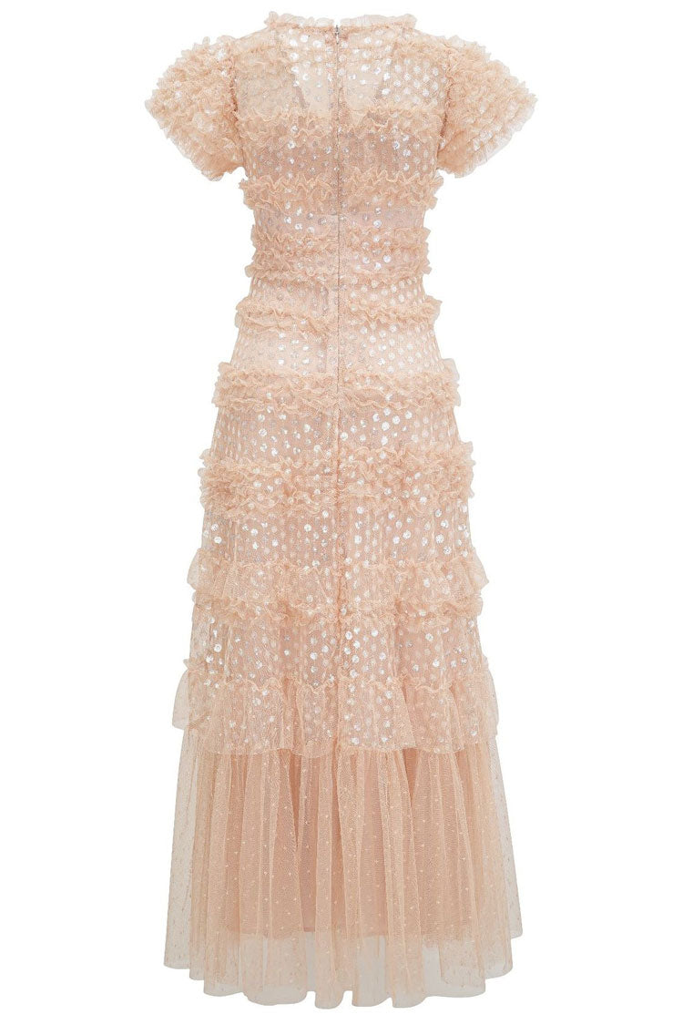 Sparkly Sequin V Neck Layered Ruffle Summer Tulle Evening Maxi Dress - Pink