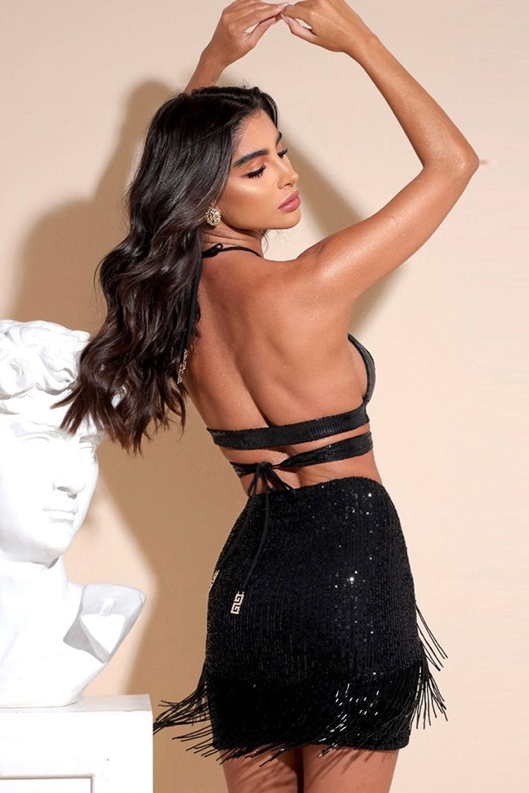 Sequin Halter Wrap Crop Top Fringe Two Piece Set