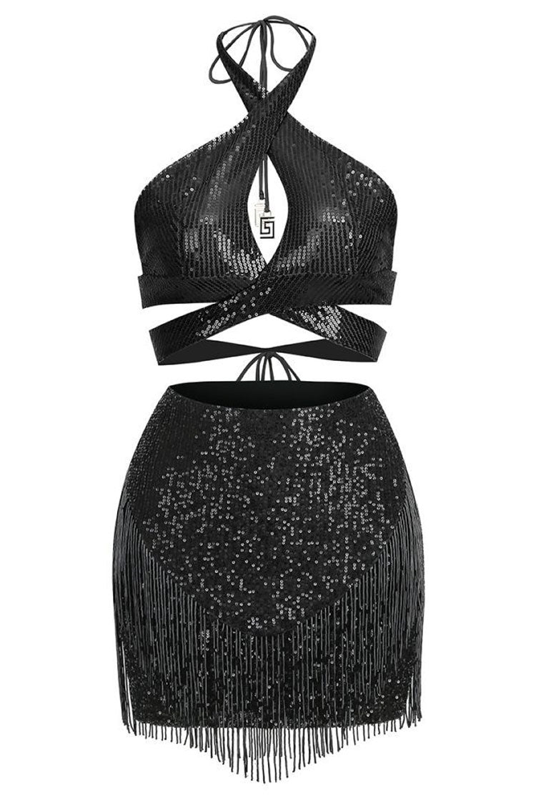 Sequin Halter Wrap Crop Top Fringe Two Piece Set