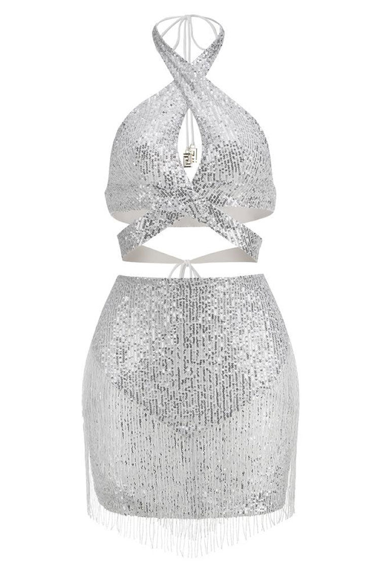 Sequin Halter Wrap Crop Top Fringe Two Piece Set
