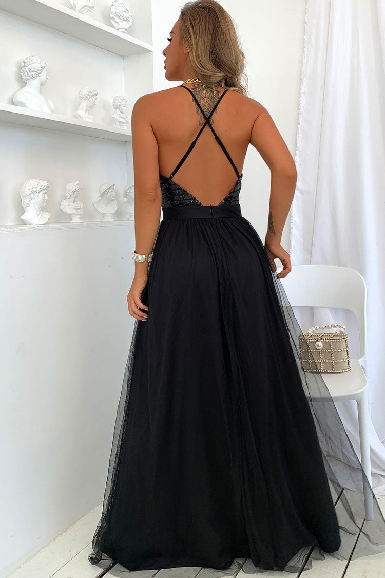 Sequin Deep V-Neck Spaghetti Strap Backless High Split Tulle Maxi Dress
