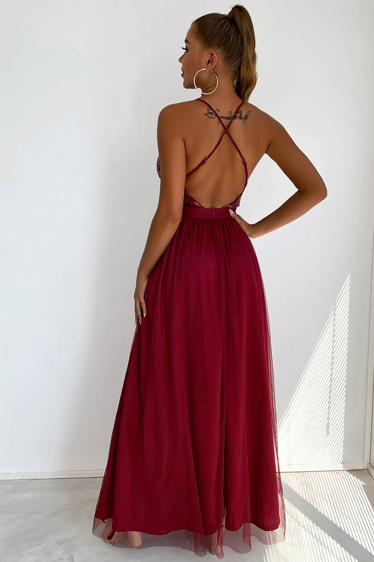 Sequin Deep V-Neck Spaghetti Strap Backless High Split Tulle Maxi Dress