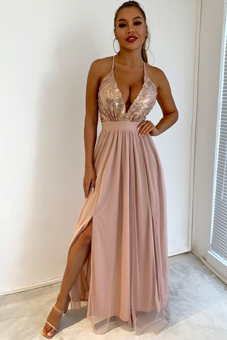 Sequin Deep V-Neck Spaghetti Strap Backless High Split Tulle Maxi Dress
