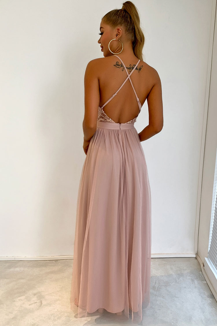Sequin Deep V-Neck Spaghetti Strap Backless High Split Tulle Maxi Dress