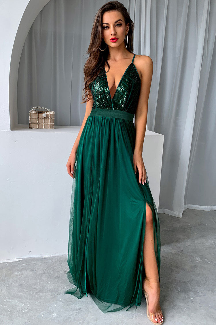 Sequin Deep V-Neck Spaghetti Strap Backless High Split Tulle Maxi Dress