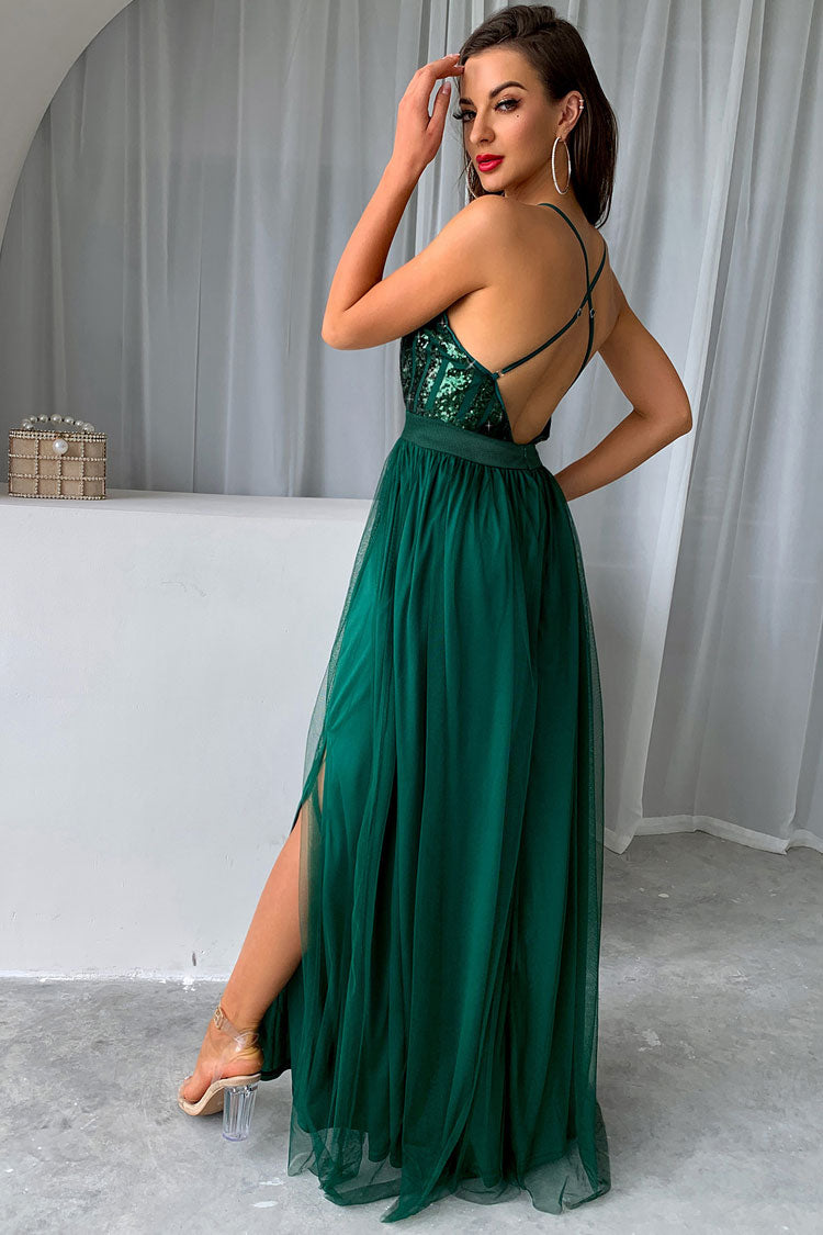 Sequin Deep V-Neck Spaghetti Strap Backless High Split Tulle Maxi Dress