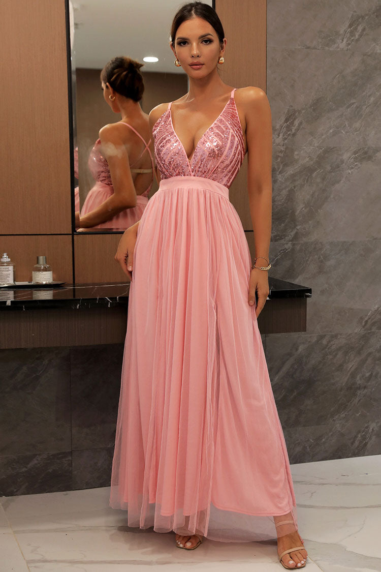 Sequin Deep V-Neck Spaghetti Strap Backless High Split Tulle Maxi Dress
