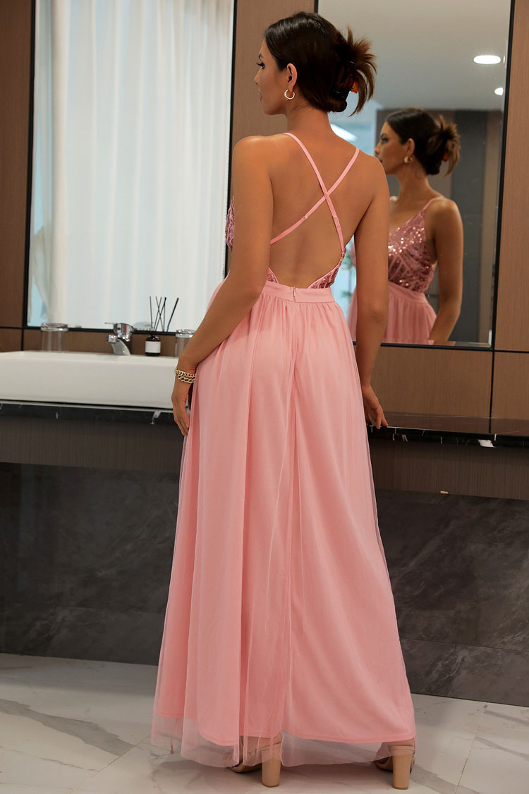 Sequin Deep V-Neck Spaghetti Strap Backless High Split Tulle Maxi Dress
