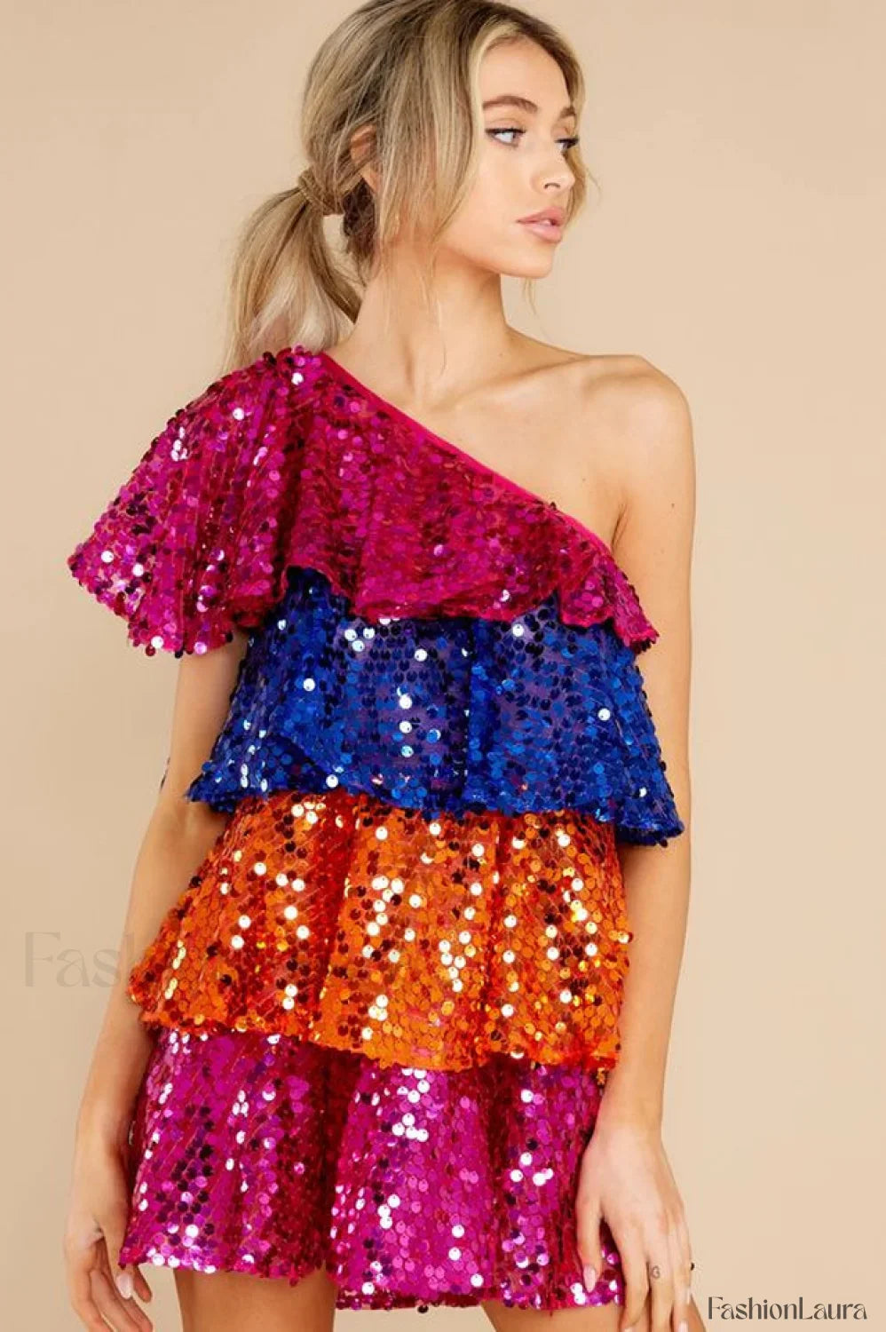 Sparkly Sequined One Charming Shoulder Mini Dress