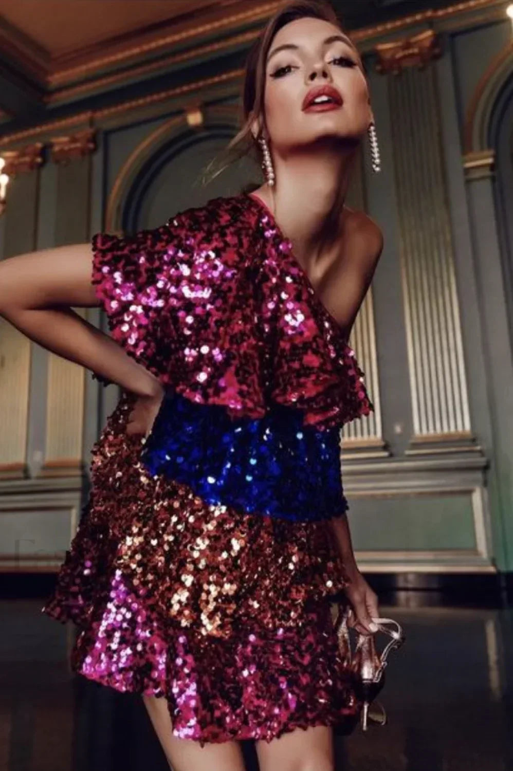 Sparkly Sequined One Charming Shoulder Mini Dress